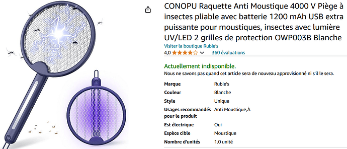 CONOPU RAQUETTE ANTI-MOUSTIQUES 400V